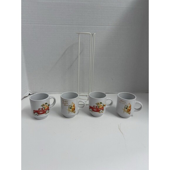 Set Of 4 Stacking Espresso Cups W/Wire Holding Rack Harvest Fall Thanksgiving - Picture 2 of 6